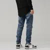 Männer Jeans High Street Fashion Männer Retro Blau Elastische Slim Ripped Biker Gespleißt Designer Zipper Hip Hop Punk Hosen hombre