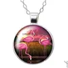 Pendant Necklaces Flamingo Animals Loyalty And Love Round Necklace 25Mm Glass Cabochon Sier Color Jewelry Women Party Birthday Gift 50 Dhybm