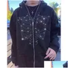 Men'S Hoodies Sweatshirts Mens Rhinestones Spider Web Skeleton Print Black Y2K Goth Long-Sleeve Fl Zip Oversized Jacket American F Dhmrl