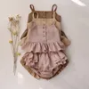 Ensembles cadeaux bébé fille costumes vêtements d'été hauts shorts gilet harnais Falbala coton lin couleur unie tenues Bebe vêtements pour bébés 230726