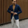 Ternos Masculinos Casaco Azul Marinho Calças Bege Lapela Notched Peito Único Roupas de Baile Casual Traje Jaqueta Calças Duas Peças