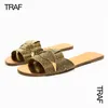 Tofflor Traf Flat Sandaler Kvinnor Slippare Gold Black Women Criss Cross Slider Sandaler Summer Luxury Round Toe Shoes 230726