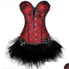 Bustiers Corsets Plus Size 6Xl Sexy Gothic Satin Lace Corset Top G-String Skirt Bustier Mini Tutu Wedding Dress Costume Black Drop Dhicl