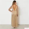 Basic Casual Dresses Lady Evening Party Long Dress With Rhinestone Gold Maxi Sleeves Mesh Y Deep V-Neck Clothing Drop Delivery Appar Dhnih