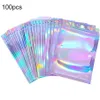 100Pc Pack Iridescent Refermable Sac En Plastique Feuille D'aluminium Étanche Hologramme Fermeture Éclair Pochettes De Stockage Emballage Cadeau Wrap256S