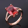 Cluster Rings Fashion Square Red Crystal Ruby Gemstones Diamonds For Women Rose Gold Color Jewelry Bijoux Bague Party Gifts Accessories