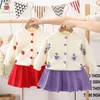 Family Matching Outfits Kids Clothing for Baby Girl Sweater 2 Pieces Sets Solid Color Cute Fashion Single Breasted Floral Printed Knitted Pleated 230726