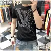 T-shirt da uomo T-shirt da uomo in cotone T-shirt estiva Drill Short Slim Fit Aereo Strass Disegni Stampati Taglia più grande Homme Tee Abbigliamento D Dhlw1