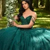 Emerald Green Shiny Ball Gown 15 -årig vintage Quinceanera -klänningar Lace Up Back Applicques Lace Girls Party Vestidos