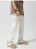 Black Cargo Straight Leg Pants Men's 2023 New High Street Slim Fitting Overall Casual Washed Split Zipper Trousers White