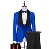 Men's Suits 2023 Brand Men Royal Blue/Black Groom Tuxedos Shawl Satin Lapel Groomsmen Wedding Male ( Jacket Pants Vest Tie )