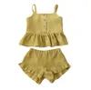 Ensembles cadeaux bébé fille costumes vêtements d'été hauts shorts gilet harnais Falbala coton lin couleur unie tenues Bebe vêtements pour bébés 230726