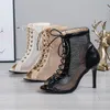 Boots Stiletto High Heels Summer Boots Women Ladies Mesh Net Boots Peep Toe Shoes Woman Cross Tied Nude Ankle Boots 230726