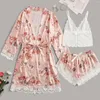 Women's Sleepwear Silk Suspender Pajama Dress And 3-Piece Set Fashion Women Sexy Garter Lingerie Robes Lace Bodysuit