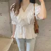 Womens Blouses Shirts White Lace Ruffled Chic Tops Summer Puff Sleeve LaceUp Korean Japan Style Preppy Girls Peplum Blouse Flhjlwoc Blusas 230726