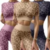 Yoga outfit Leopard High Neck Sport passar Kvinnor Sömlös Yoga Set Fitness Outfit Kort ärm Crop Top Gym Leggings Träningskläder 230727