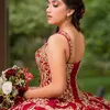 Robe de luxe rouge Quinceanera, robe de soirée princesse en dentelle dorée, sans manches, bretelles Spaghetti, 2024