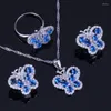 Necklace Earrings Set Gleaming Butterfly Blue Cubic Zirconia White CZ Silver Plated Pendant Chain Ring V0997