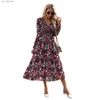 Basic Casual Dresses Printed Dress 2023 Autumn Elegant V-Neck Long Dress T230727