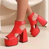 Ribetrini Toe Peep Sandals Platform Open Punk Block High Heels for Women 2024 Buckle Strappy Casual Trendy Summer 60