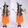 Keepsakes Children Halloween Costume Witch Cosplay Contrast Color Dress Cap Candy Bag Masquerade Party Role for Play Kids Clothes Stage 230726
