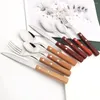 Dinnerware Sets Drmfiy Natural Wood Handle Silver Forks Cutlery Set 4/6/10Pcs Stainless Steel Dinner Fork Home Kitchen Silverware