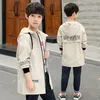 Tench coats 616Y Children Trench Coat Autumn Boys Jacket Long Zipper Hooded Solid Loose Casual Windproof Kids Windbreaker Clothes Hw40 230726