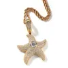 Hip Hop Iced Out Zircon Diamond Starfish Pendant with Rope Chain Gold Silver Plated Pentagram Pendant Necklace for Men Women