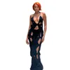 2023 여름 여성의 새로운 섹시한 천공 된 단단한 슬림 한 슬림 한 록 목마 넥 민소매 덩어리 힙합 드레스