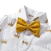 Clothing Sets Summer Kids Boys Formal Outfit Suit Crown Printed Shirt with Bow Leather Belt Boy Birthday Party Clothes Set 1 2 3 4 5 6 Years 230726