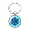 Keychains Lanyards Water Blue Patterns Flower Pattern New Glass Cabochon Keychain Bag Car Key Rings Holder Sier Plated Chains Men Wo Dhwwf