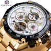 Forsining Classic Golden Tourbillon Mechanisch Horloge Heren Automatische Moonphase Kalender Roestvrij Stalen Riemen Klok Reloj Hombre259m