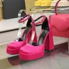여자 하이힐 샌들 청키 블록 슬립 온 오픈 발 발목 스트랩 드레스 신발 고급 디자이너 공장 신발