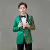Suits Boy'un Yeşil Sequin Düğünü Çocuk Şalları için Düğün Çocuklar Resmi Parti Balo Giyim 2 PCS Piyano Performans Elbisesi 230726