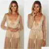 Basic Casual Dresses Lady Evening Party Long Dress With Rhinestone Gold Maxi Sleeves Mesh Y Deep V-Neck Clothing Drop Delivery Appar Dhnih