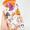 Aready Printed Halloween Design Pumpkin Skull Ghost Spider Web Printed 3D Touch UV Printing 16oz Beer Glass Can Travel Glass Cups With Plastic Lock och Clear PP Straw