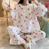 Roupa de dormir feminina 2023 duas peças de algodão estampado gola redonda bonito pijama para uso doméstico conjunto de quarto solto roupa de dormir babado