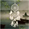 Arts and Crafts Catcher White Feather Biała siatka z 2 pierścieniami DreamCatcher Craft do wiszących dekoracji Akcesoria urodzinowe Dr Dh6oo