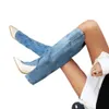 Blue Denim Jean Stiefel für Frauen Knie hohe Hosen Botas Schlitz geschnitten Long Cowboy Boots Mode Damen Med Heel Übergroße Schuhe 43 T222140416