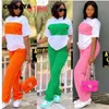 سراويل سراويل للسيدات من قطعتين CM.Yaya Streetwear Women Women Short Sleeve T-Shirt و Slit Wide Leg Pants Fashion Two Pitts TrackSuit 230726