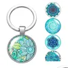 Keychains Lanyards Water Blue Patterns Flower Pattern New Glass Cabochon Keychain Bag Car Key Rings Holder Sier Plated Chains Men Wo Dhwwf