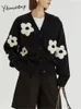 Damskie Knits Tees Jitimuceng 3D Floral Cardigan dla kobiet jesienne zima koreańska moda z długim rękawem V Sweter Sweter damski kościele vintage 230727