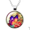 Pendentif Colliers Beauté Fantastique Papillon Colorf Collier Rond 25Mm Verre Cabochon Sier Couleur Bijoux Femmes Cadeau D'anniversaire 50Cm Dro Dh7C2