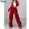 Calças femininas de duas peças conjuntos de calças YICIYA conjunto de agasalho vermelho cintura alta perna larga e jaqueta com zíper terno feminino roupas femininas 230727