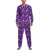 Pijamas masculinos roxos estampados florais manga comprida margarida flor 2 peças conjunto de dormir primavera masculino estampado fofo pijamas