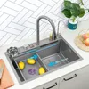 Kitchen Sink 304 Rostfritt stål Stort enstaka spår med multifunktion Touch Waterfall kran för kökrenovering