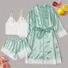 Women's Sleepwear Silk Suspender Pajama Dress And 3-Piece Set Fashion Women Sexy Garter Lingerie Robes Lace Bodysuit