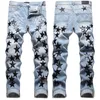 Мужские джинсы дизайнерские рваные вышивки пентаграммы в стиле пэчворк для трендовых брендовых мотоциклетных брюк мужские узкие зимние01 677