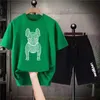 メンズトラックスーツ韓国の高級Tシャツセットメンズコットントラックスーツ夏の特大のシャツショーツスーツレディースショートセットストリートウェアファッション衣装230727