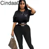 Fashion Womens Sportwear New Letter Front And Back Printed Short Sleeve T-shirt Long Pants Two Piece Set